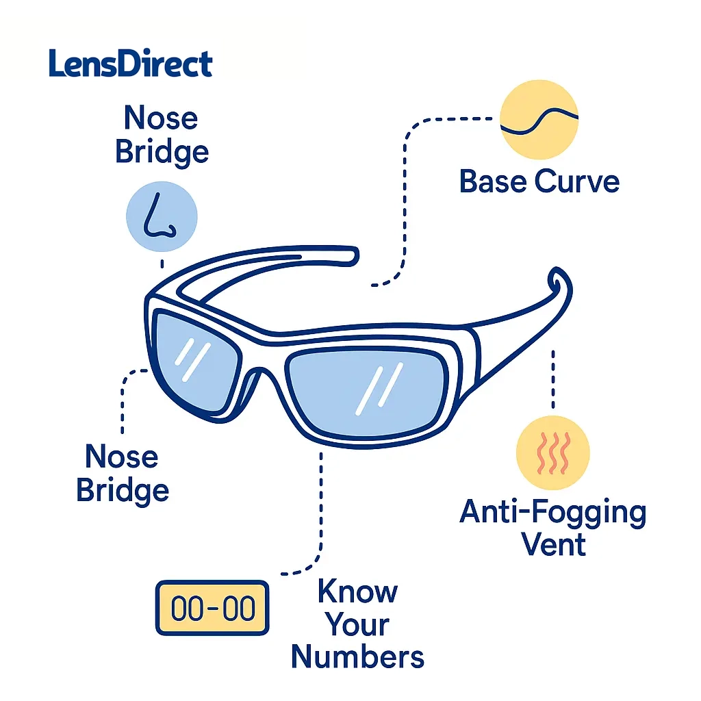 Diagram of wraparound sunglasses with callouts for base curve, nose bridge, anti-fog vents, and size.