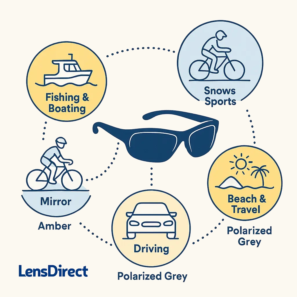 Circular infographic linking wraparound sunglasses to driving, cycling, fishing, snow sports, and beach icons.