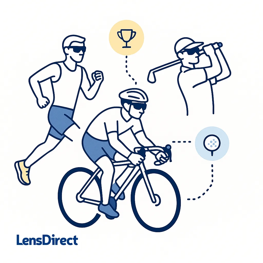 Illustration of a runner, cyclist and golfer wearing sports sunglasses connected by dotted lines, representing versatile sports eyewear.