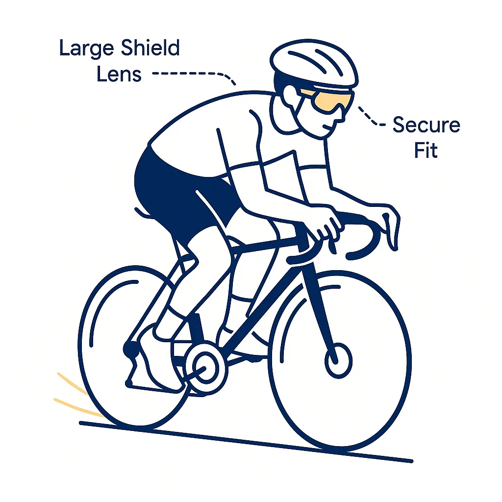Cyclist wearing shield sunglasses with dotted lines indicating large lens and secure fit.