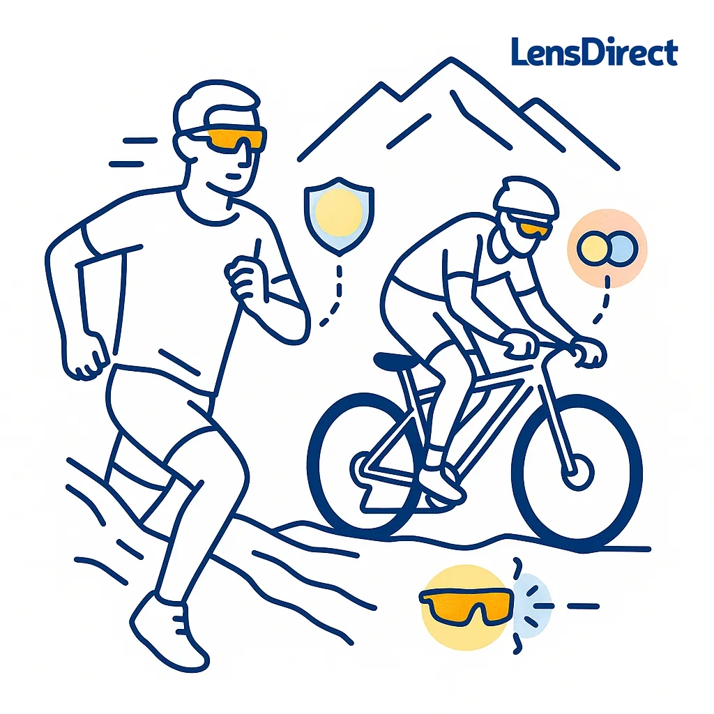 Runner and mountain biker wearing tinted lenses with icons highlighting impact protection and adaptive lenses.