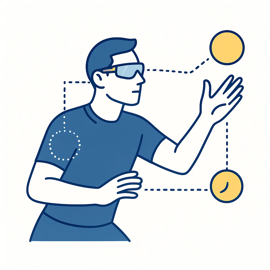 Athlete catching a ball while wearing sports sunglasses with dotted lines pointing to wide lenses and secure grip.