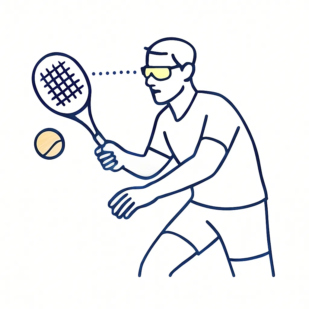 Tennis player mid swing wearing green tinted sports sunglasses with dotted line pointing to the lenses.