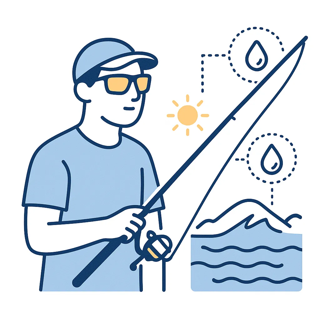 Angler wearing polarized sunglasses with waves and droplet icons connected by dotted lines highlighting polarization.