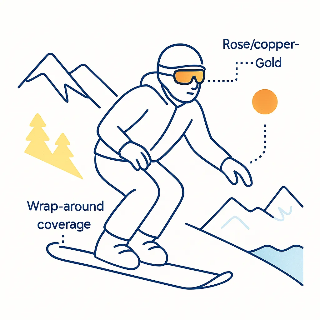 Snowboarder with rose tinted goggles descending a mountain with dotted lines showing lens tint and wraparound coverage.