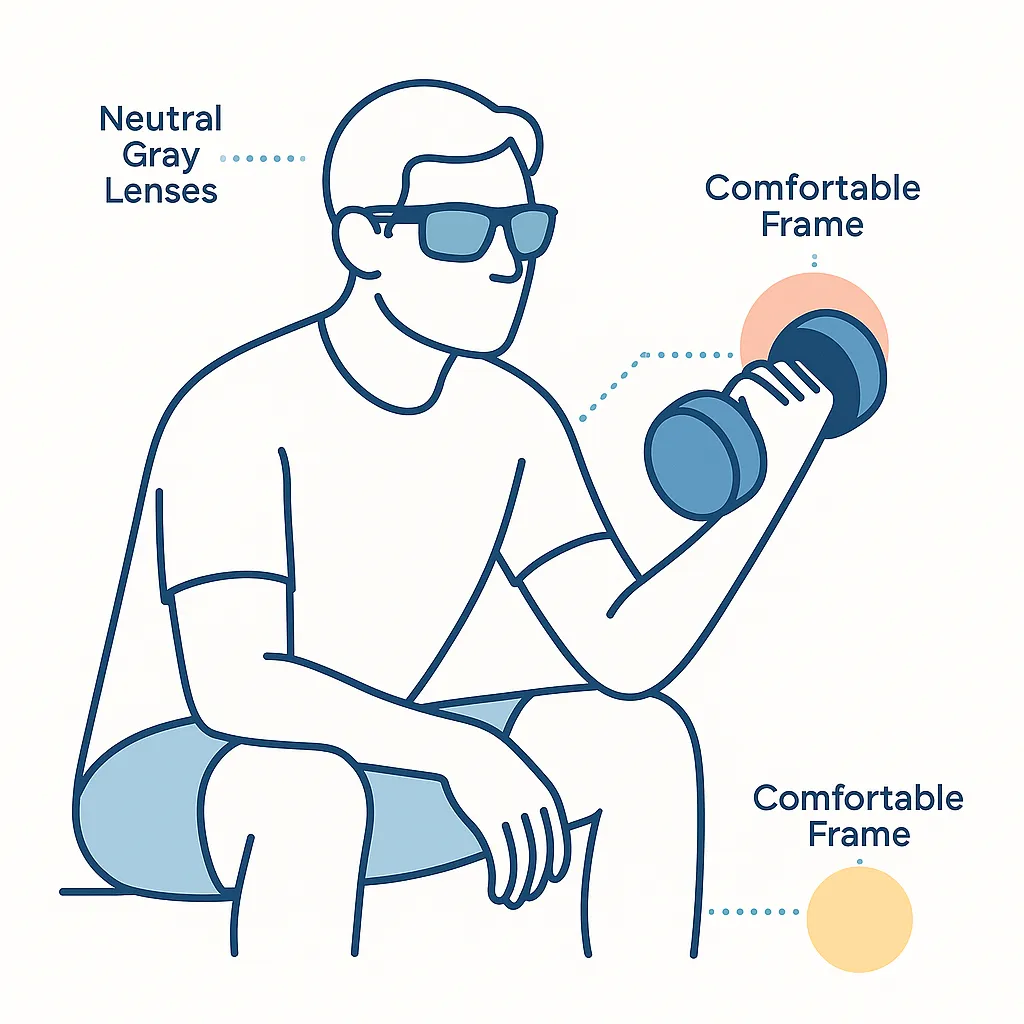 Person lifting a dumbbell wearing neutral gray lens sports sunglasses with dotted lines noting comfortable frame.