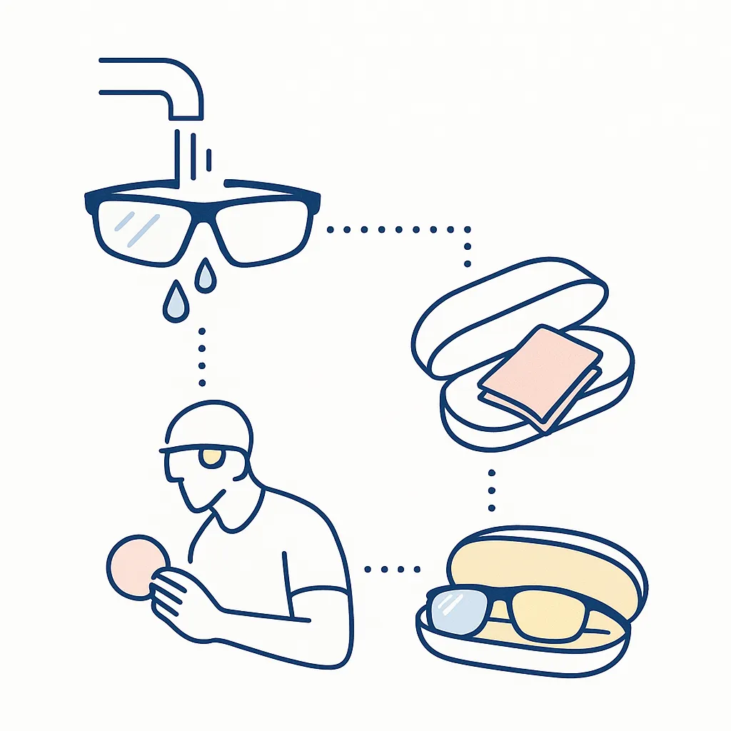 Infographic showing rinsing sunglasses, wiping with cloth and storing in a hard case connected by dotted lines.