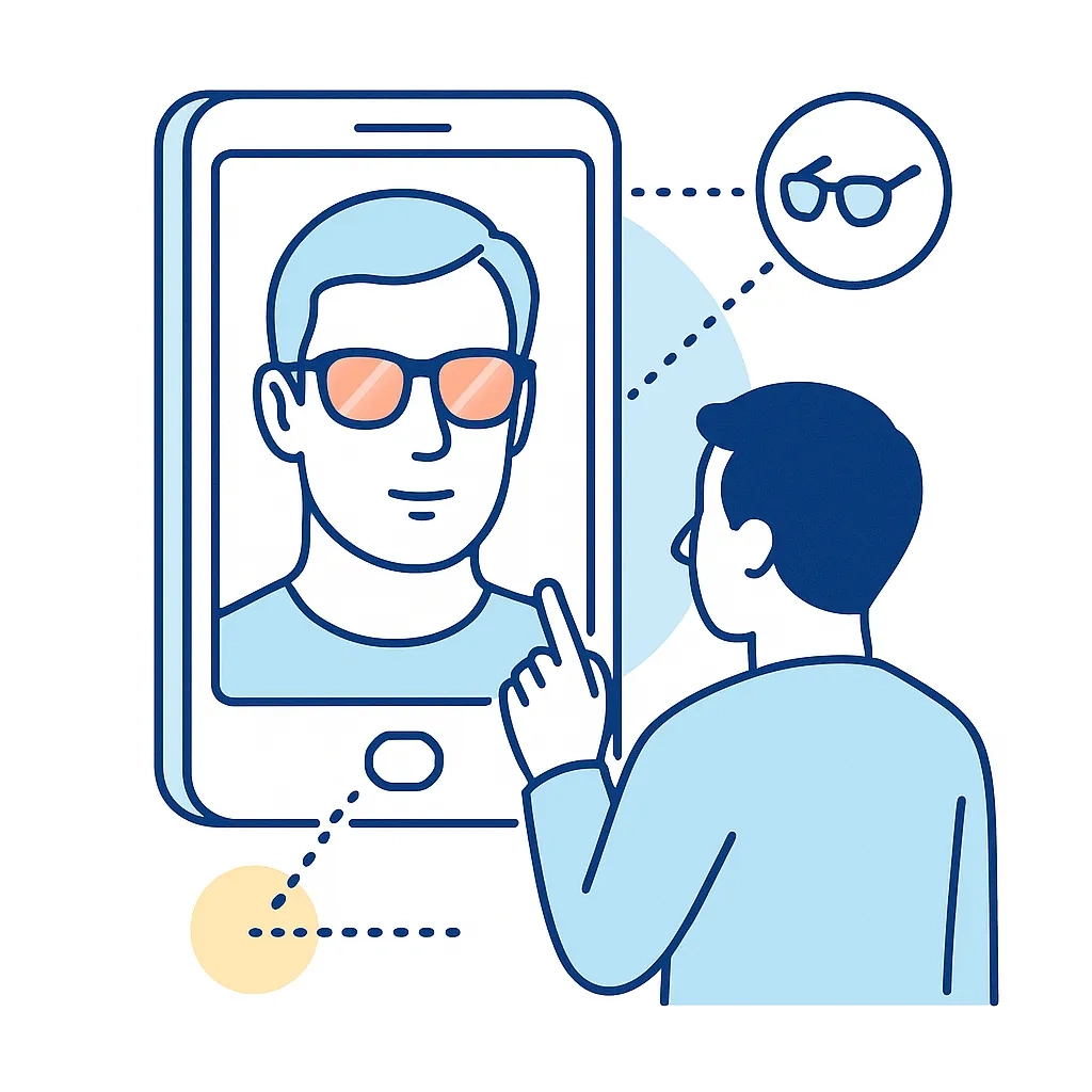 Person interacting with smartphone showing virtual sunglasses on face with dotted lines emphasizing digital try-on.