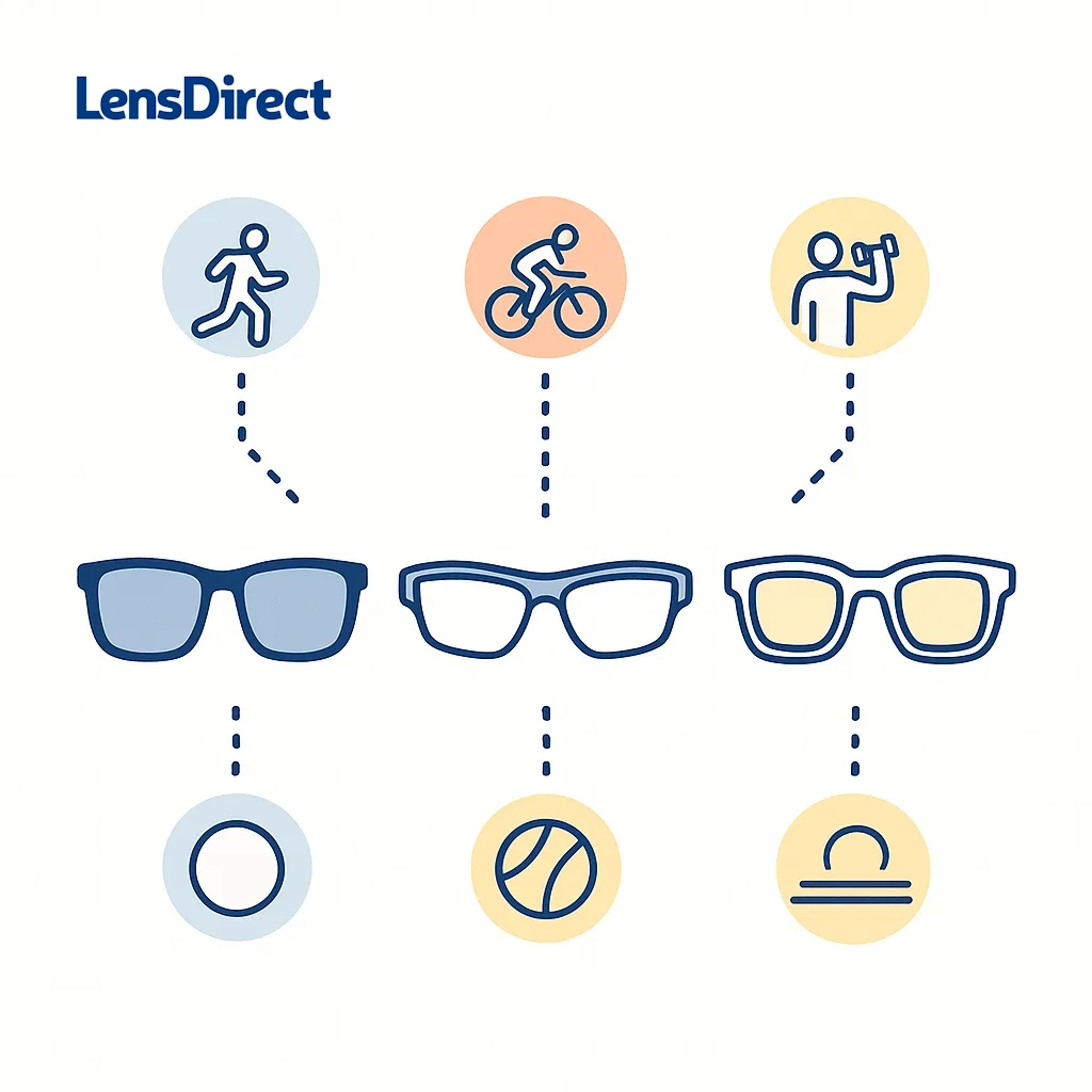 Infographic of three sunglass frames linked to running, cycling and gym icons with dotted lines, showing quick pick options.