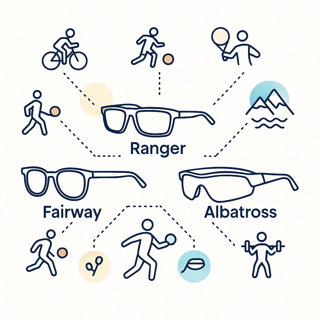 Infographic connecting icons of various sports to Ranger, Fairway and Albatross frames using dotted lines.