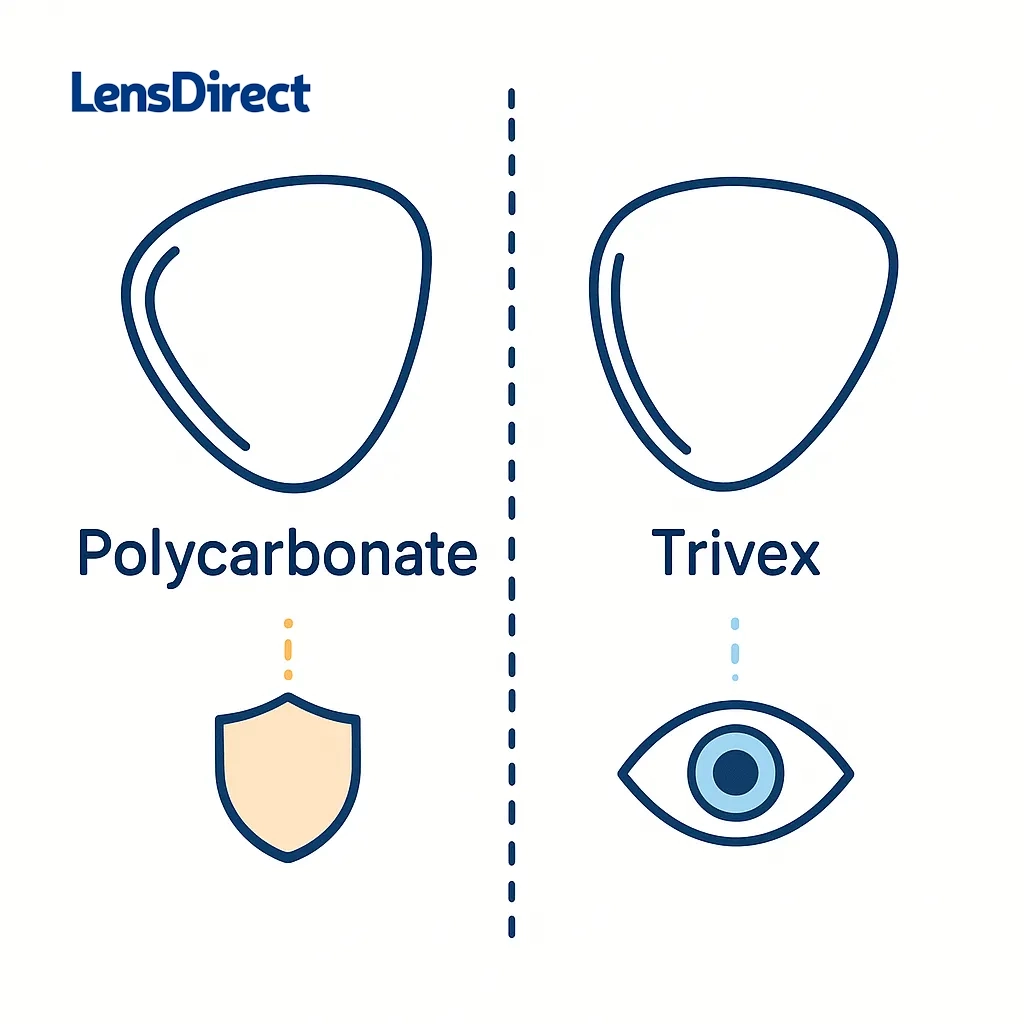 Split graphic comparing polycarbonate and Trivex lenses with shield and eye icons and dotted divider.