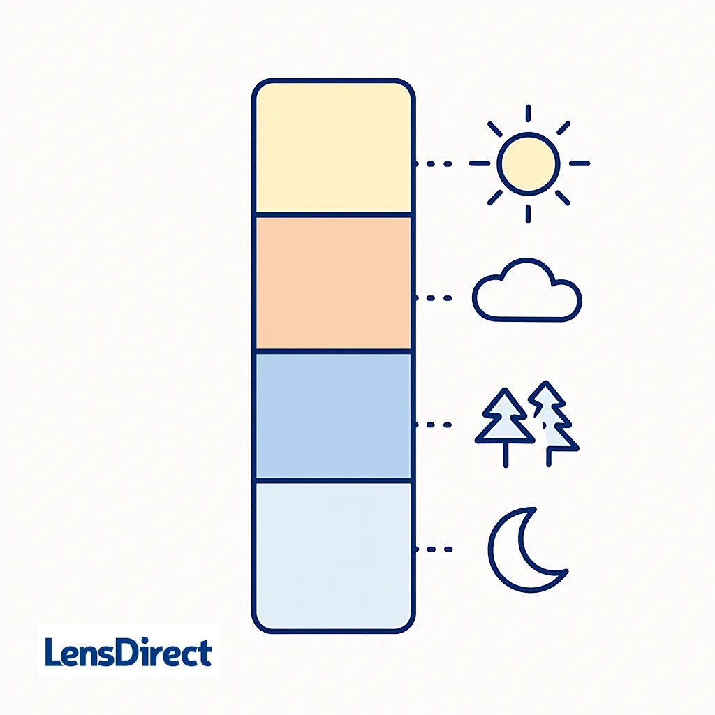 Vertical bar segmented into four colored VLT levels with icons of sun, cloud, forest and moon connected by dotted lines.