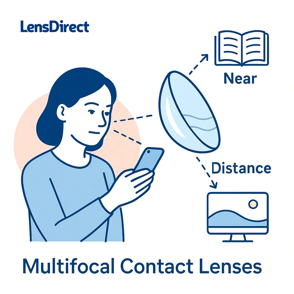 Illustration shows a person transitioning from blurry near vision to clear vision with dotted lines connecting near, intermediate, and distance icons.