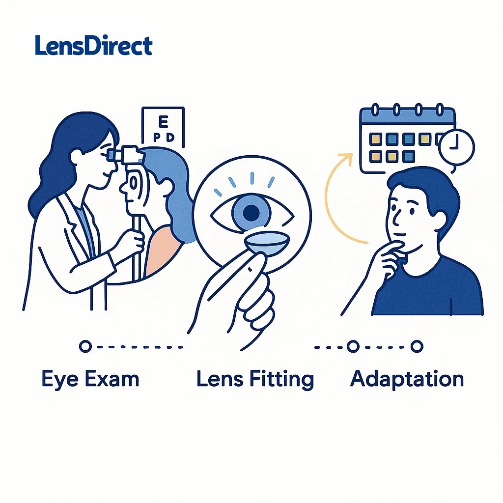 Three stage timeline of eye exam, calendar adaptation, and lens fitting illustrated with icons and numbers.