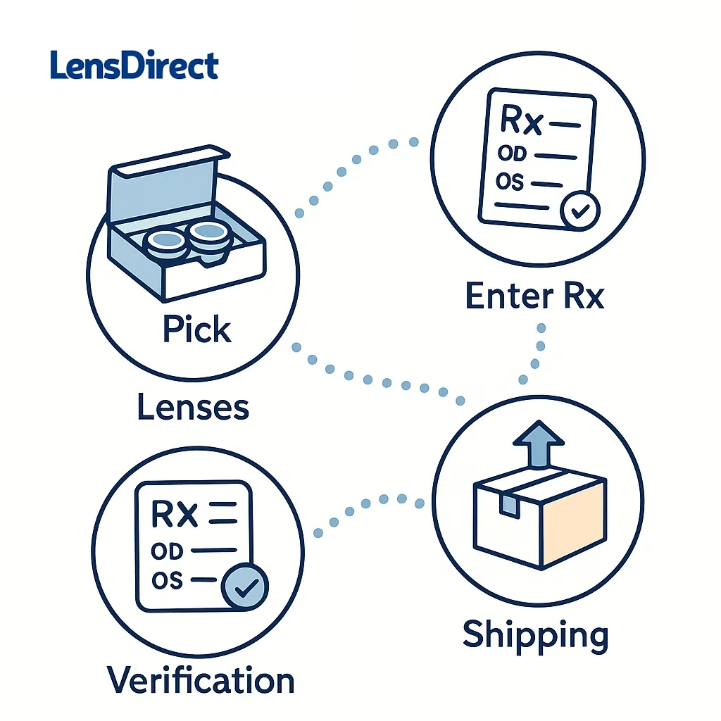 Infographic showing dollar sign, insurance shield, contact lens case, and HSA FSA icon connected by dotted lines.