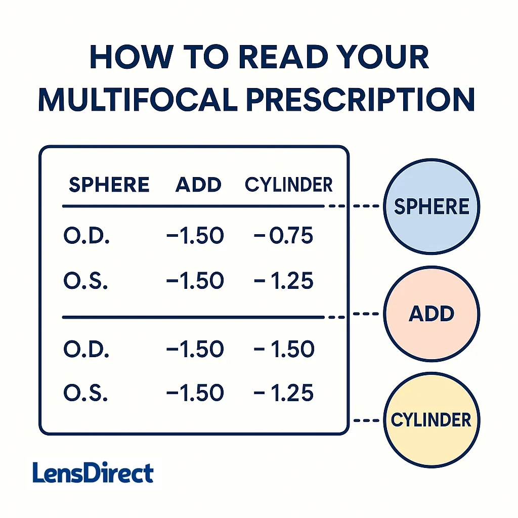 Contact lens over a multifocal prescription sheet with a magnifying glass and plus and minus signs.