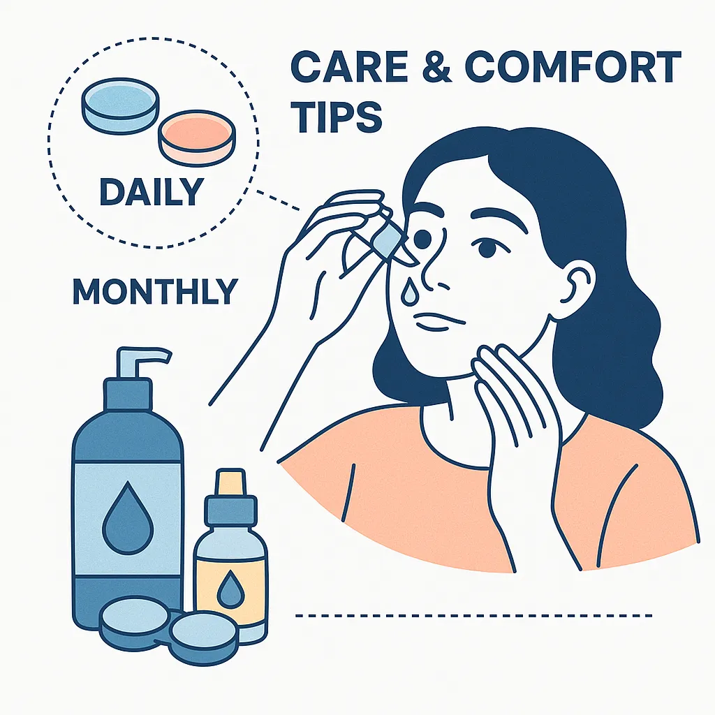 Illustration of a person using rewetting drops with icons for solution, calendar, blister packs, and lens case.