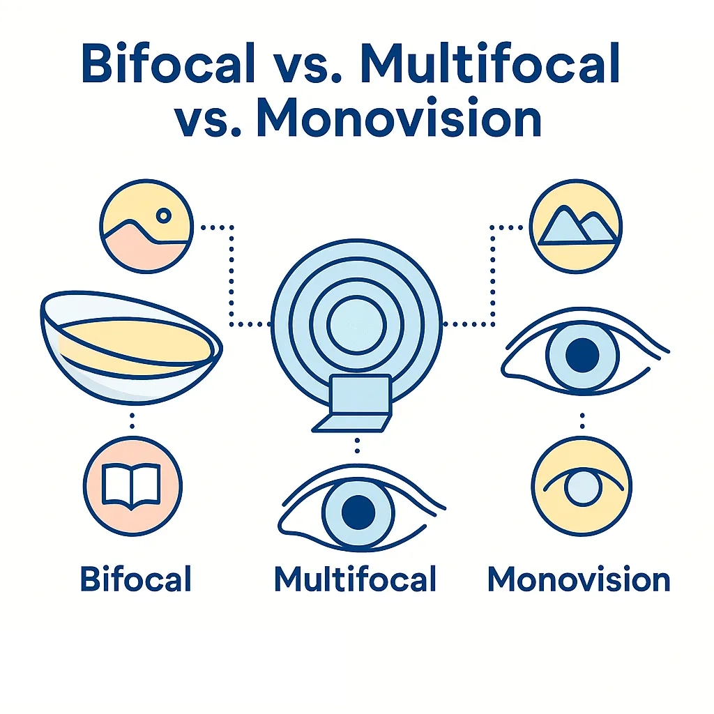 Cross‑sectional eye diagram explaining presbyopia with stiff lens and misfocused light rays.