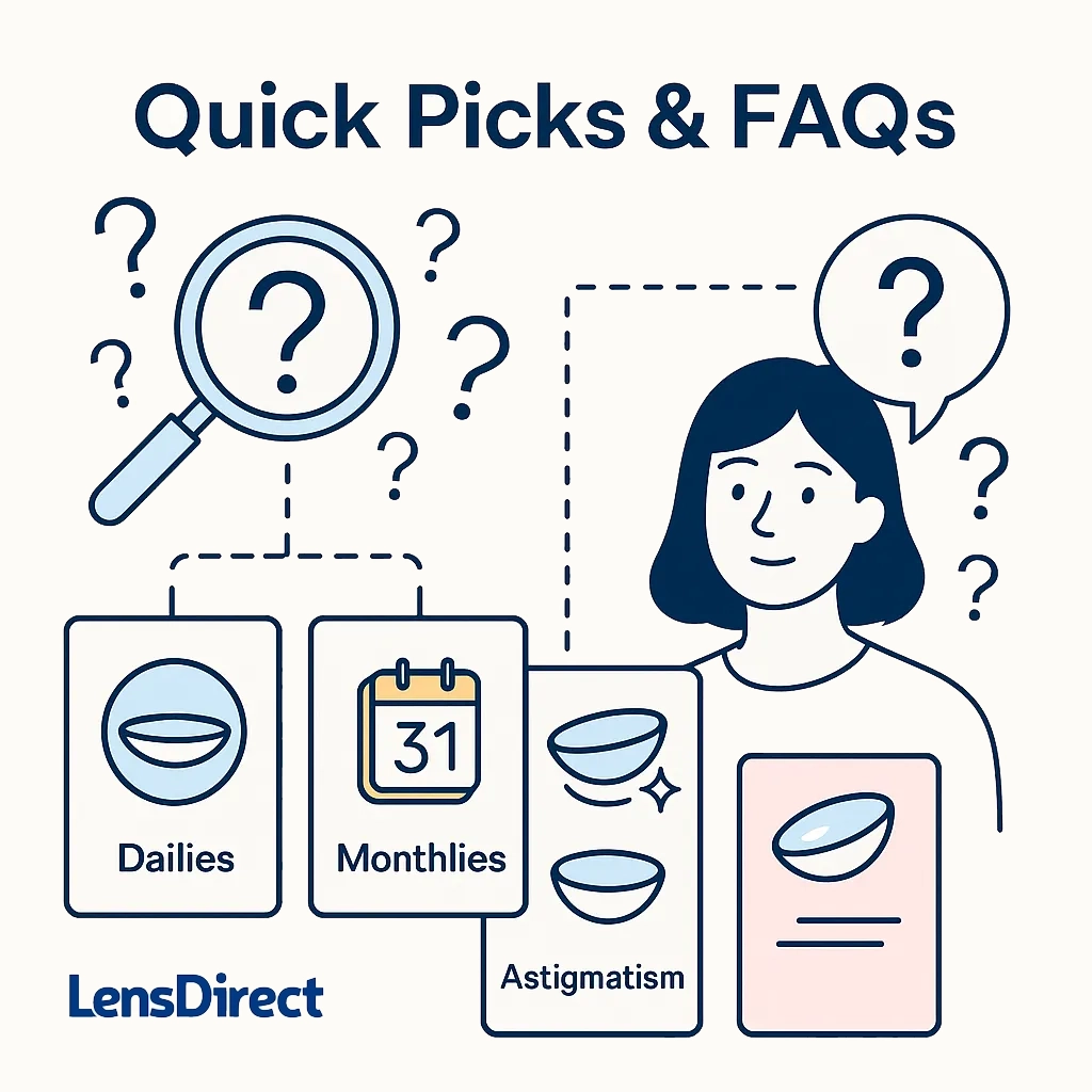 Infographic with a woman deciding between dailies, monthlies, and astigmatism lenses with question marks and icons.