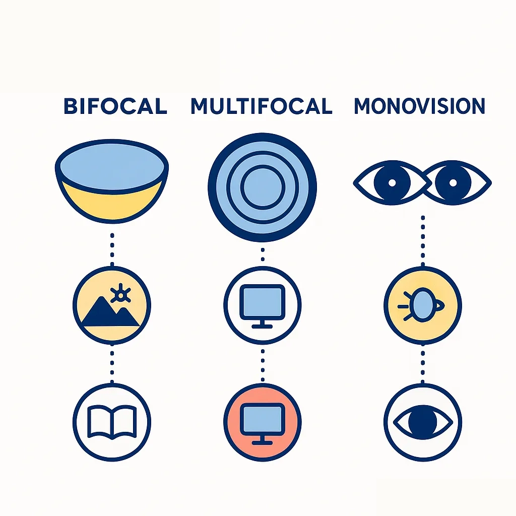 Graphic of a bifocal contact lens with separate distance and near vision zones connected to icons.