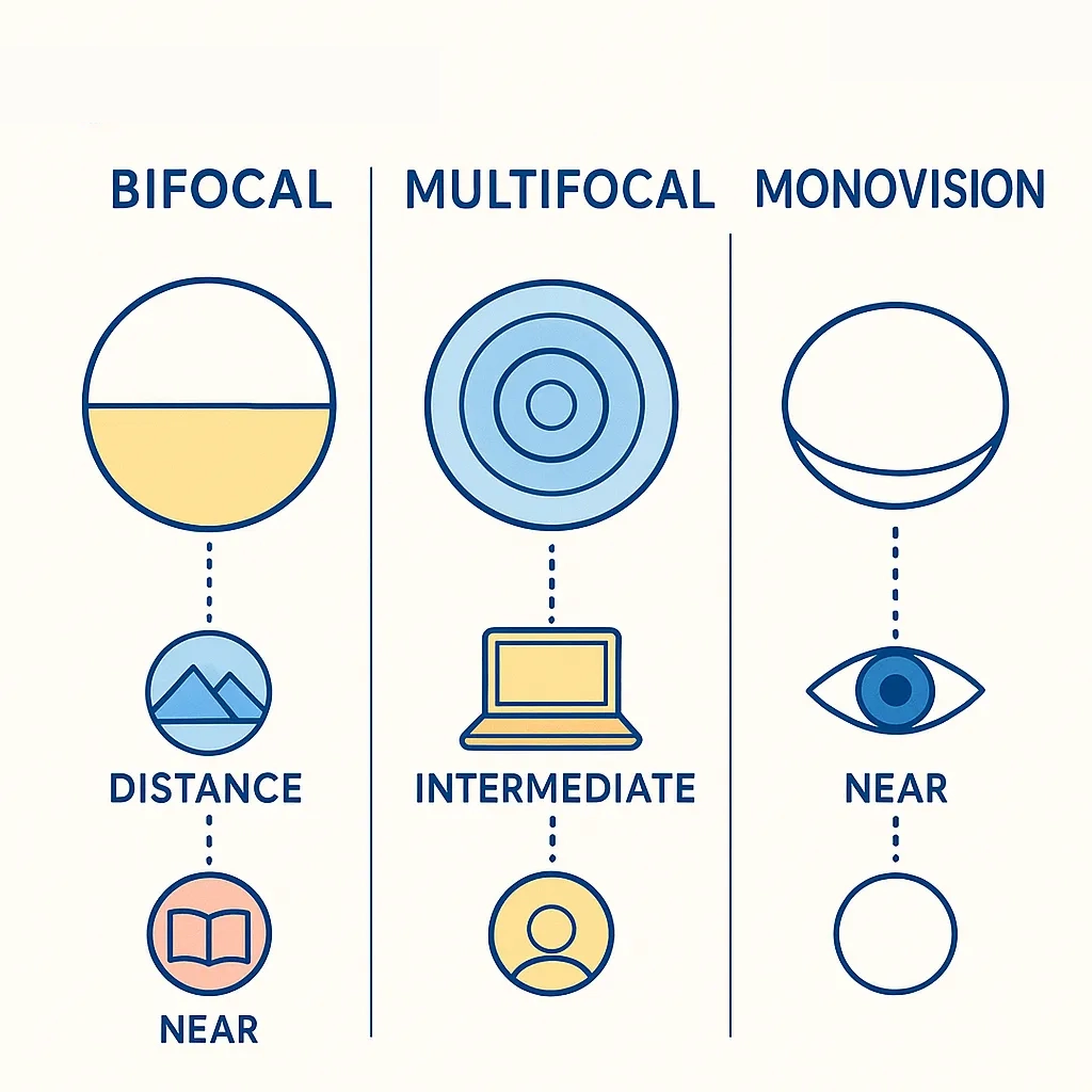 Line art showing a contact lens with icons representing distance, intermediate, and near vision tasks for monovision correction.