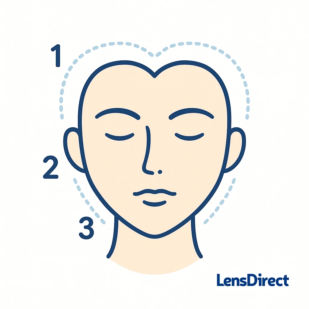 Modern minimalistic infographic showing heart-shaped face proportions with numbers indicating forehead, cheekbones, and chin.