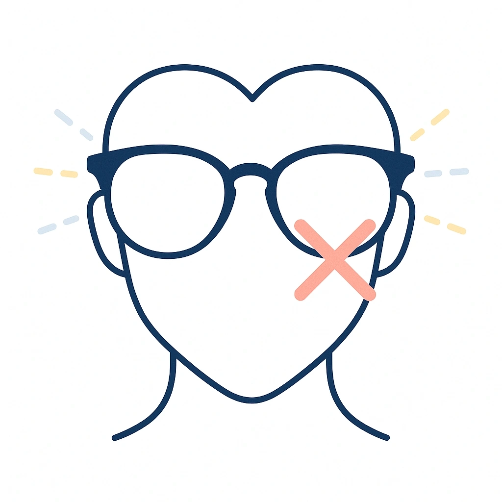 Minimal art of heart face wearing bold browline glasses with a prohibition symbol to indicate this frame style is not recommended.
