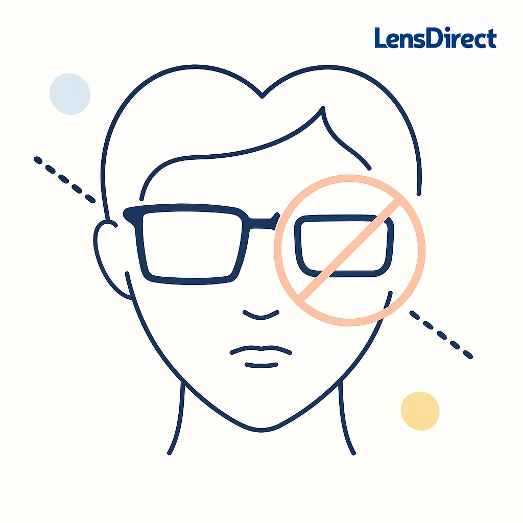 Heart-shaped face with boxy rectangular glasses and a red cross to highlight that angular frames can appear too harsh.