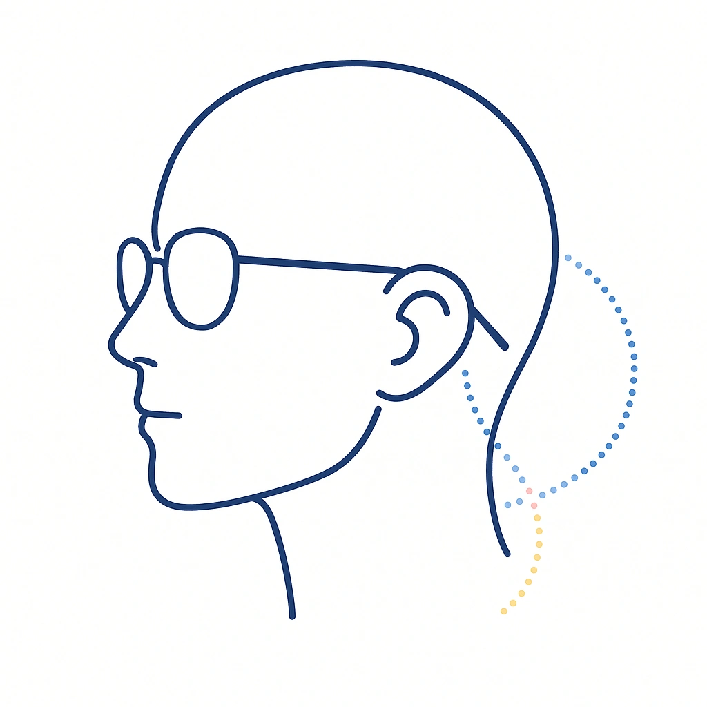 Side view of glasses showing keyhole bridge and nose pad styles with dotted highlights to indicate comfortable fit for heart faces.