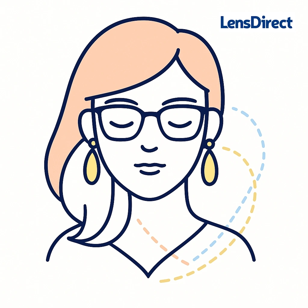 Front portrait of a woman with side-swept bangs and earrings connected by dotted arcs demonstrating hairstyle and accessory coordination.