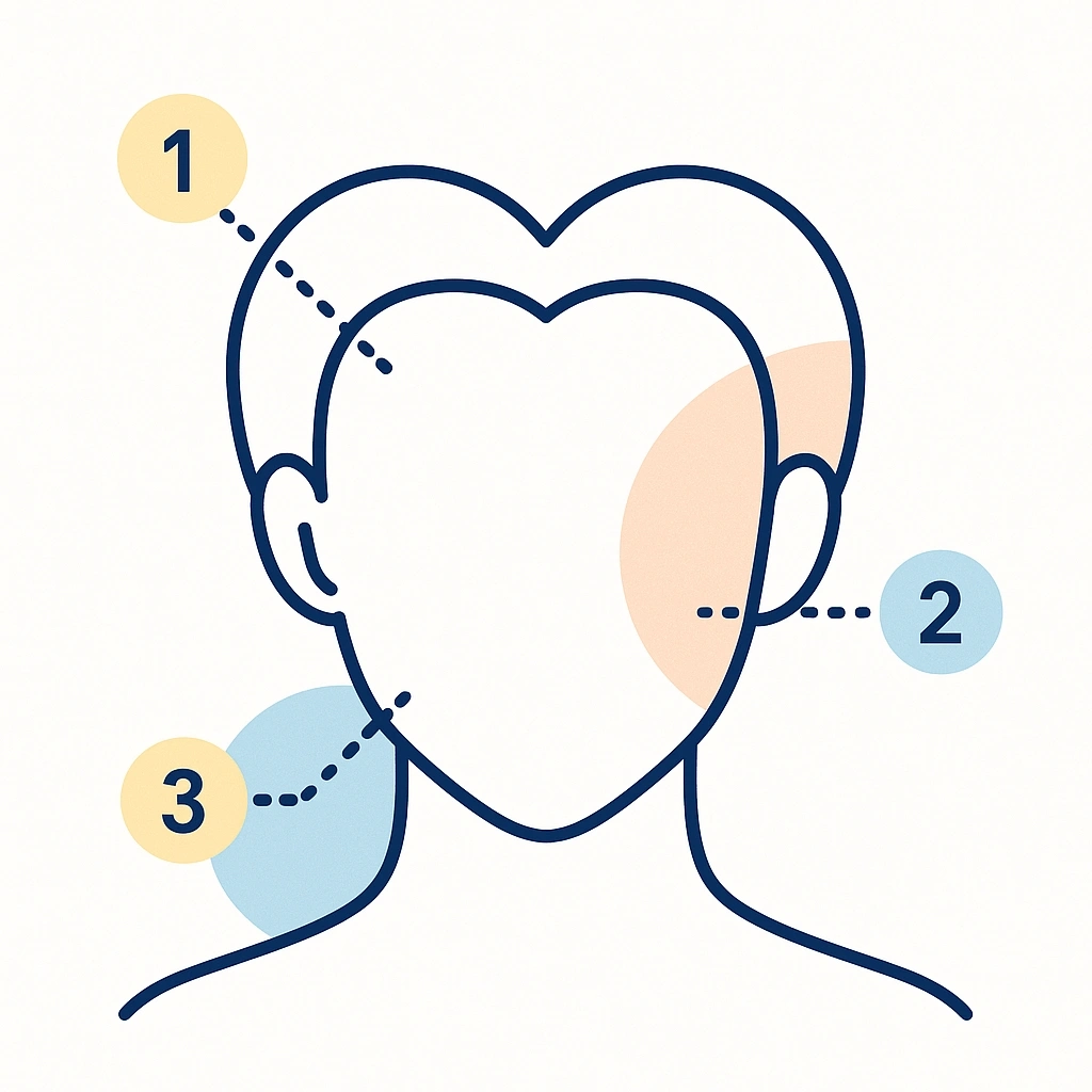 Silhouette of a heart-shaped face with dotted lines and numbered labels highlighting wide forehead, prominent cheekbones and narrow chin.