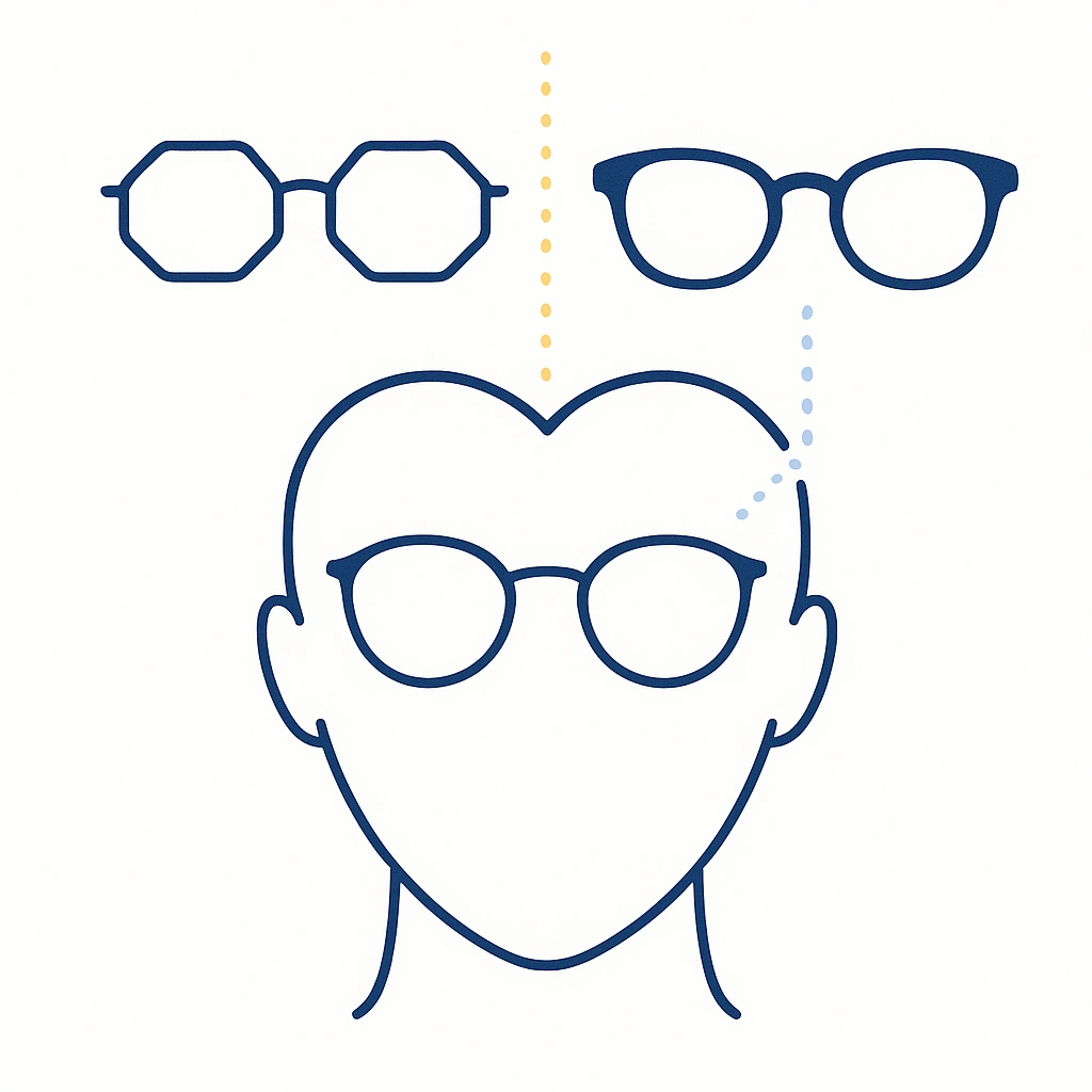 Heart-shaped face with rounded square and D-frame glasses depicted above the face, connected by dotted lines to show frame options.