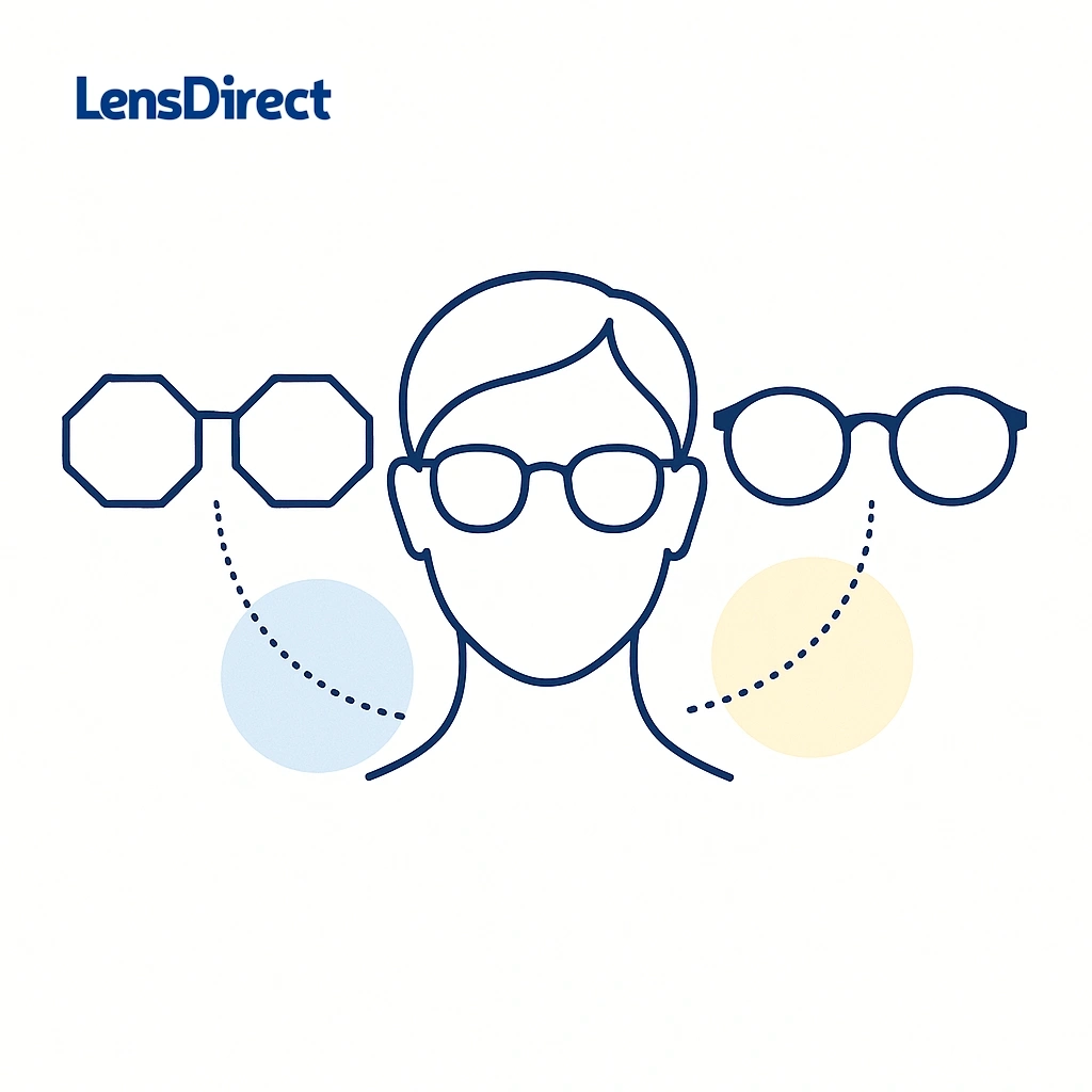 Minimal illustration showing geometric and keyhole bridge eyewear styles connected to a heart face with dotted lines.