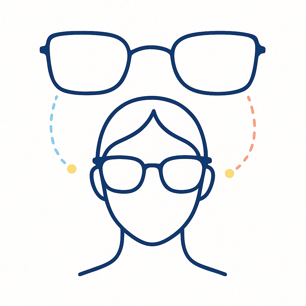 Illustration of a heart-shaped face below a pair of oversized lightweight glasses representing wide-fit frames for comfort.
