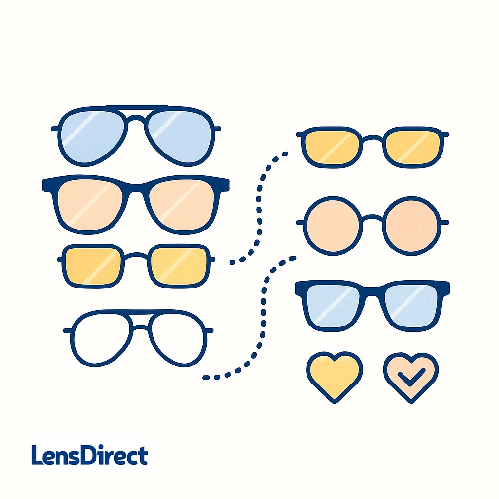 Illustration showing different styles of men’s sunglasses with dotted lines to suggest emerging trends for 2025.