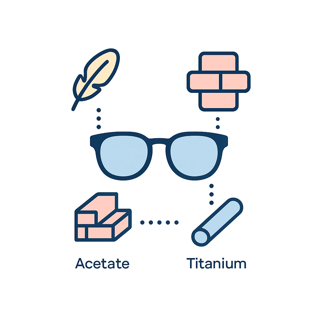 Infographic of a glasses frame with icons for featherlight nylon, acetate bricks and a titanium rod, labelling materials.
