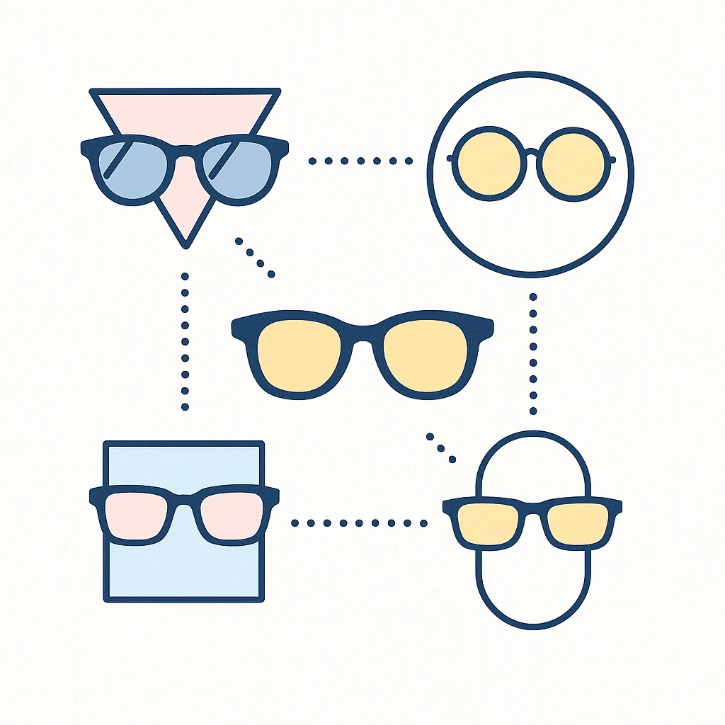 Diagram connecting various face shapes to suitable sunglass styles using dotted lines.