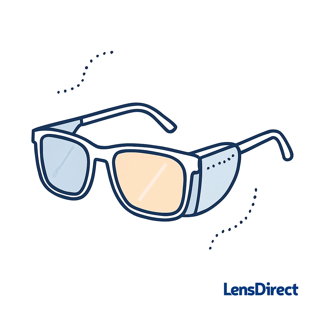 Illustration of wraparound sunglasses with side shields and motion lines, ideal for active lifestyles.