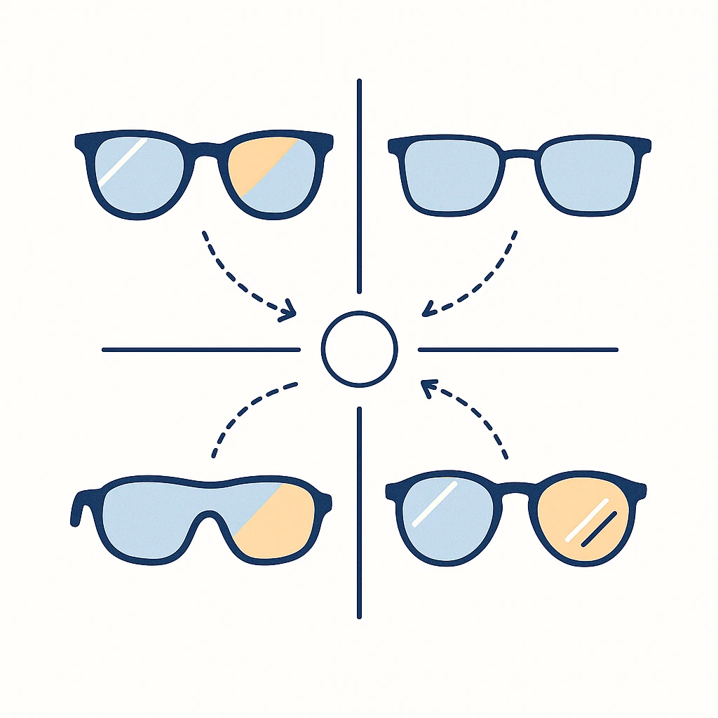 Four different styles of sunglasses arranged around a central circle, representing casual, formal and sport occasions.