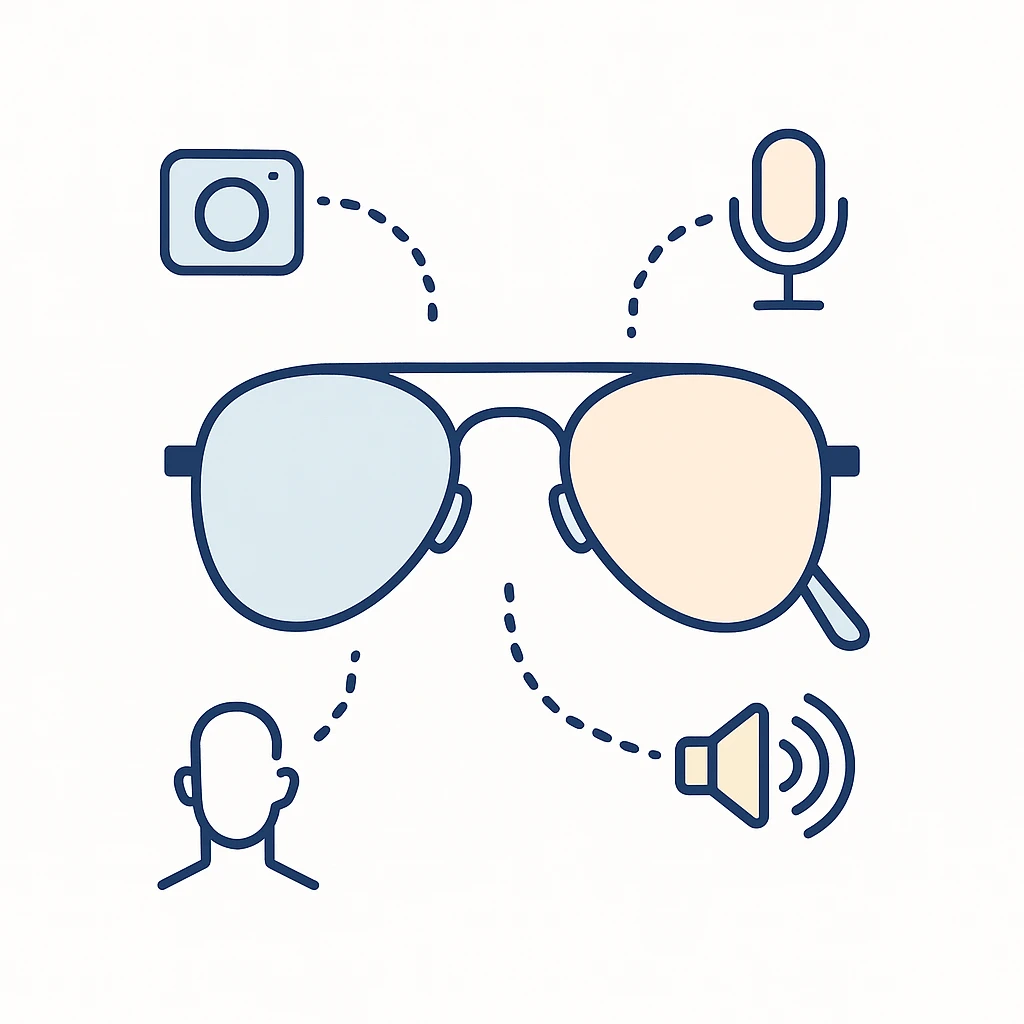 Aviator sunglasses surrounded by icons of a camera, microphone, speaker and user to denote smart features.