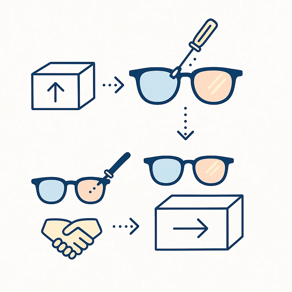 Step‑by‑step infographic showing glasses shipped, lenses replaced, a handshake and return shipping.
