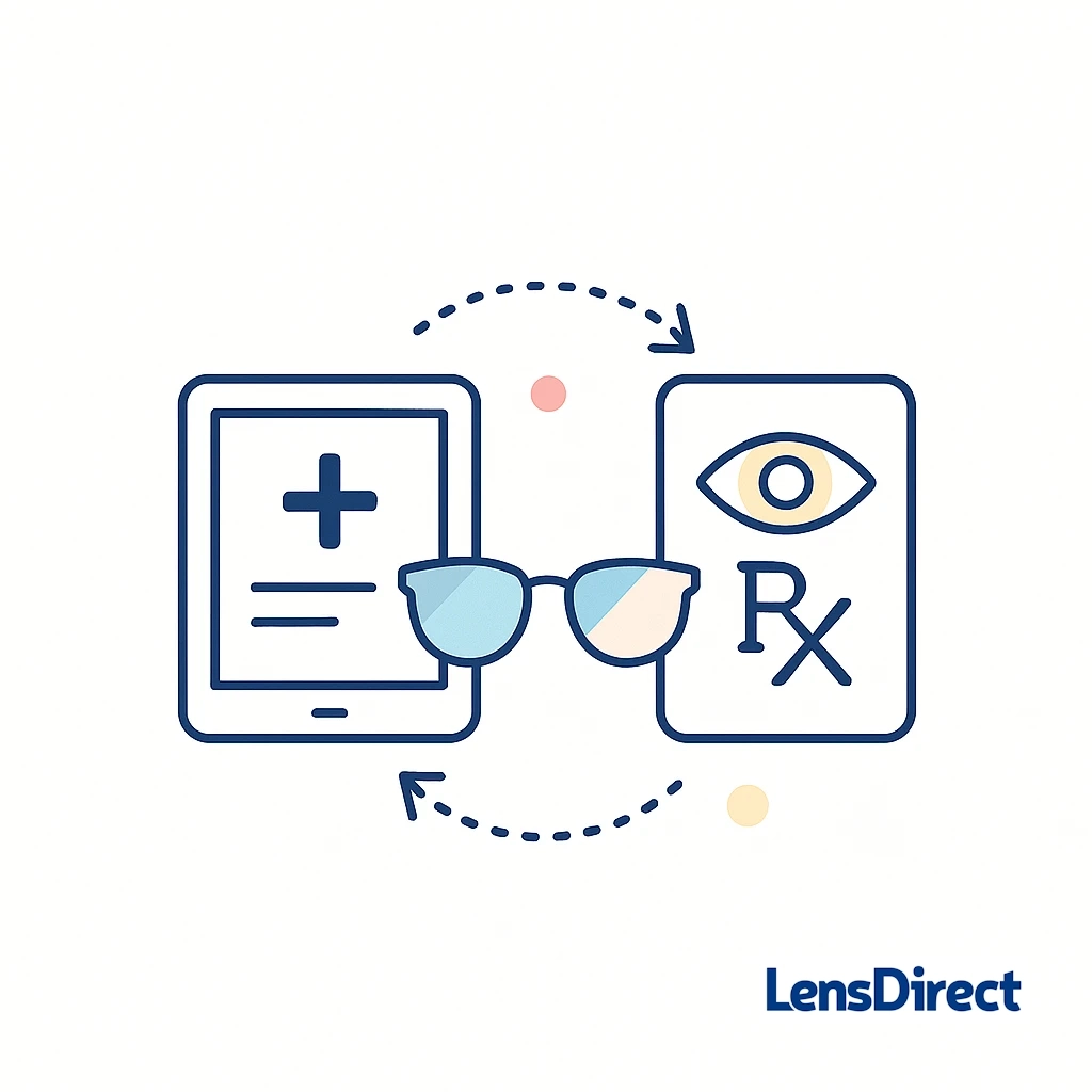 Glasses between a tablet with a medical cross and a prescription card, representing online vision services.