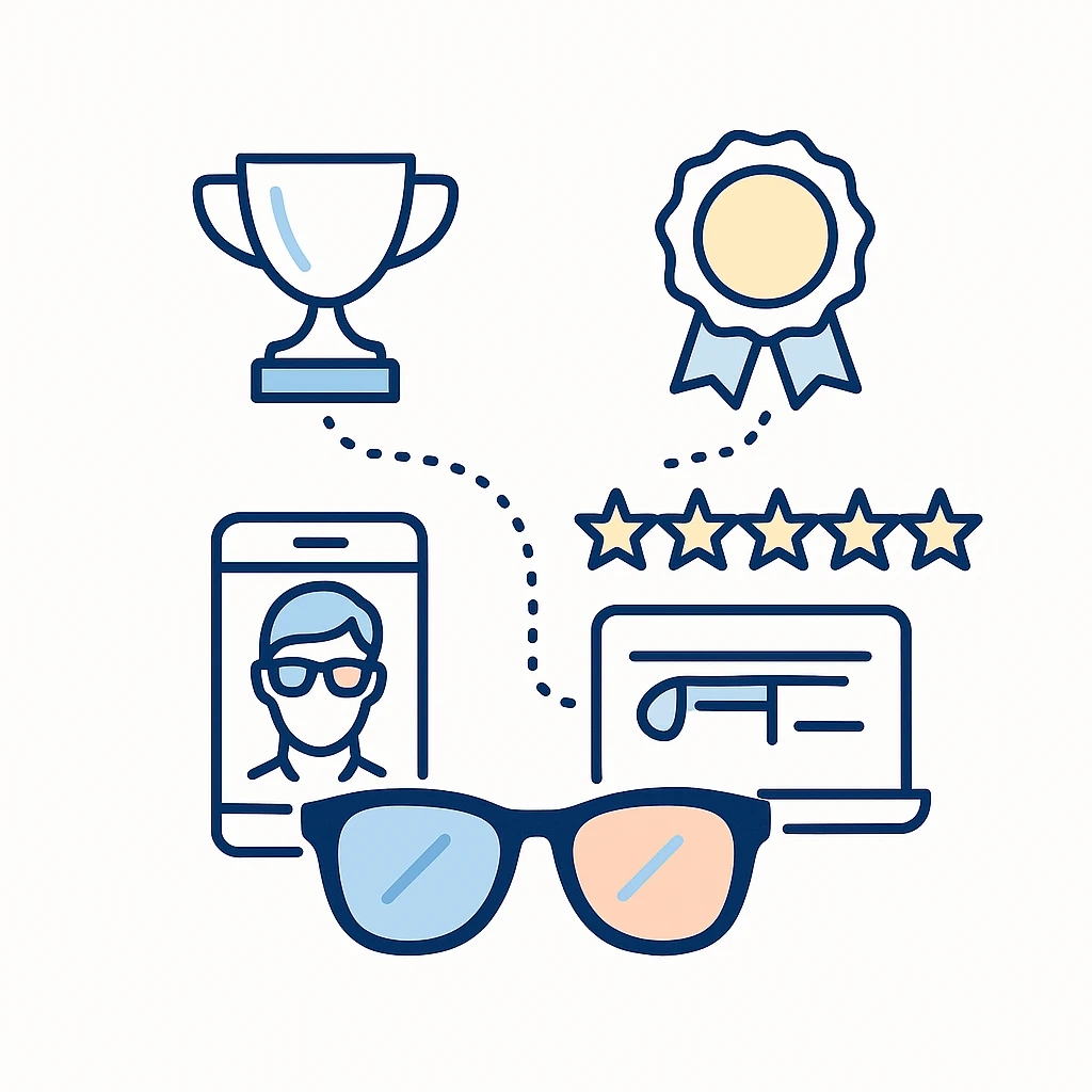 Trophy, stars, heart and rating icons encircling sunglasses to highlight reviews and accolades.