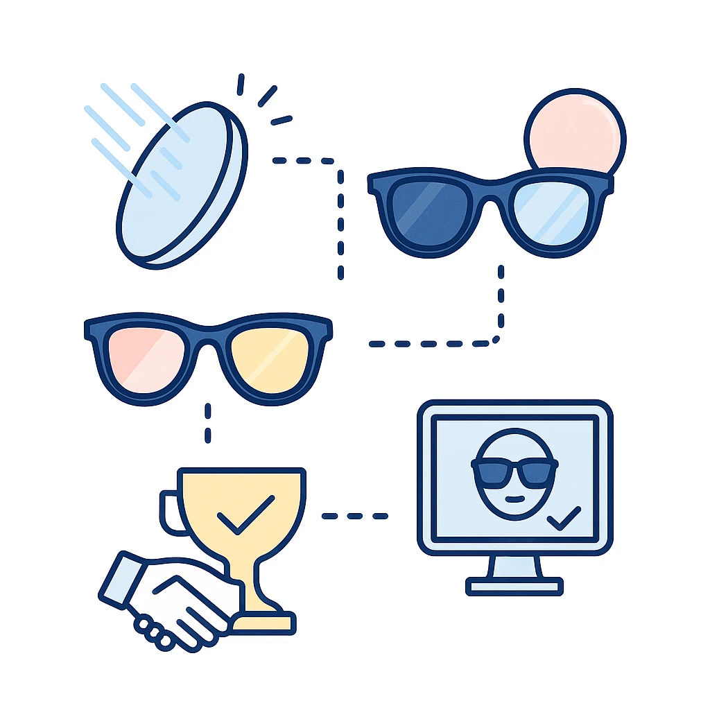Multiple icons including UV protection, heart and lens illustration connected by dotted lines to summarize FAQs.