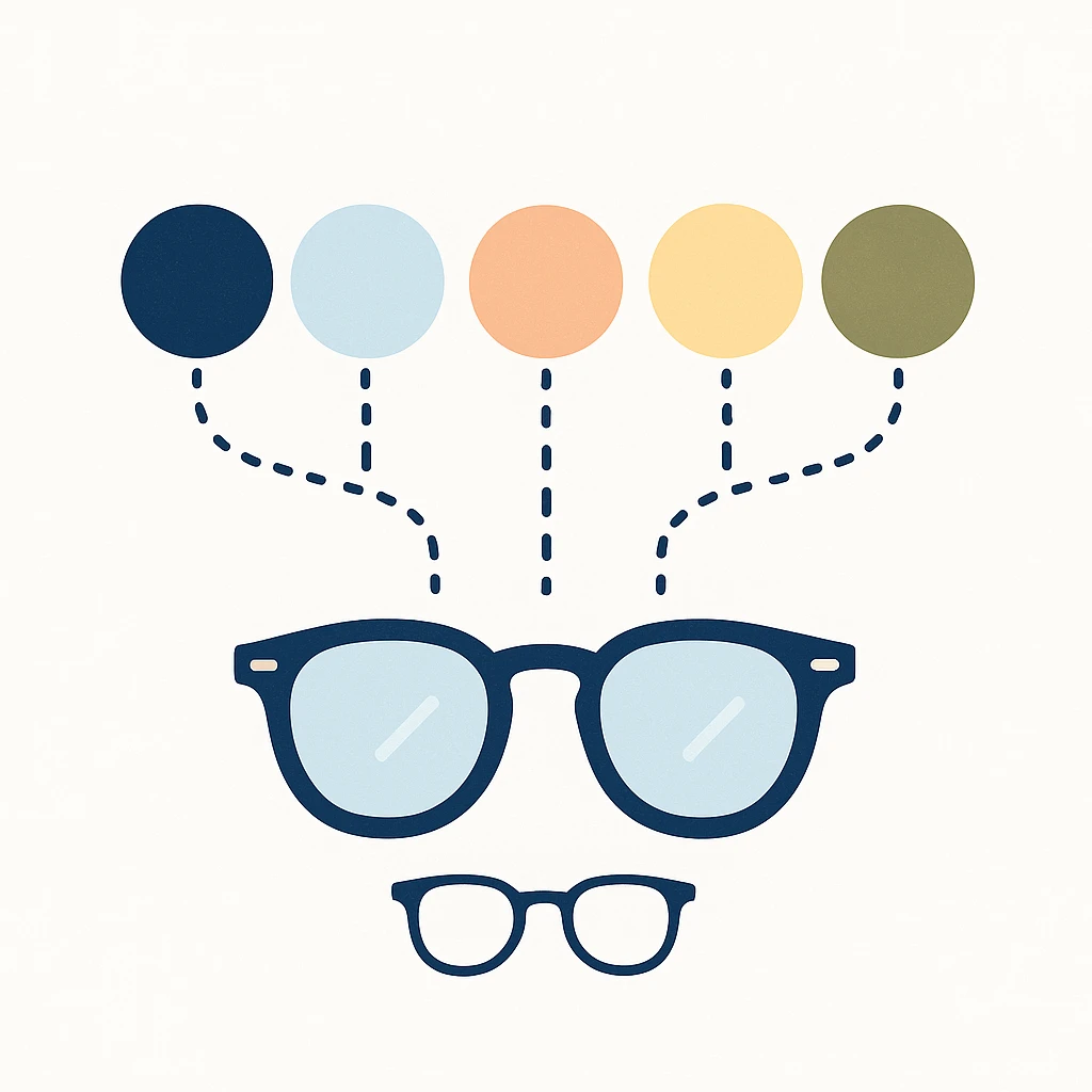 Palette of five earth and jewel tones linking to a pair of glasses, symbolizing color trends for men’s eyewear.