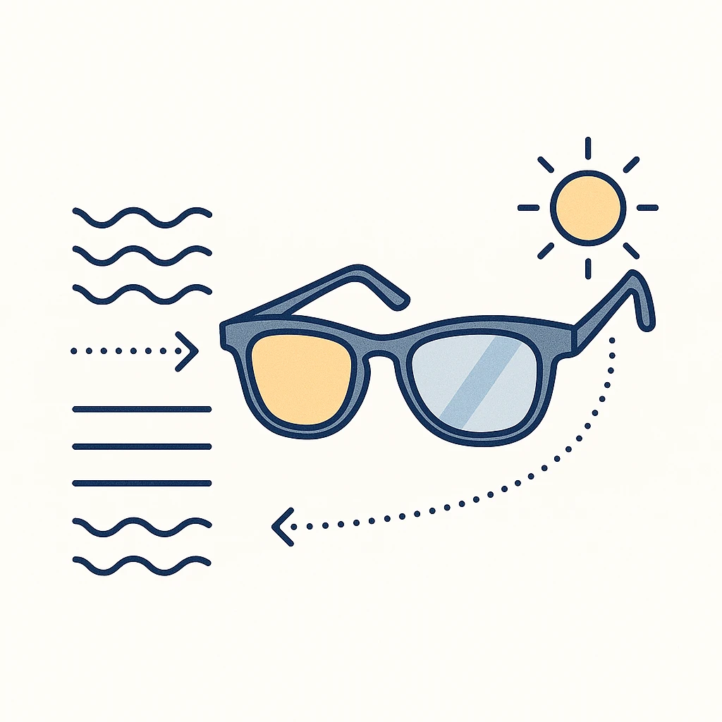Sunglasses blocking wavy lines with vertical lines passing through to illustrate glare reduction and clarity.