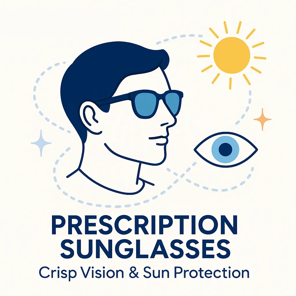 Stylized silhouette wearing sunglasses with sun and eye icons, illustrating crisp vision and sun protection.