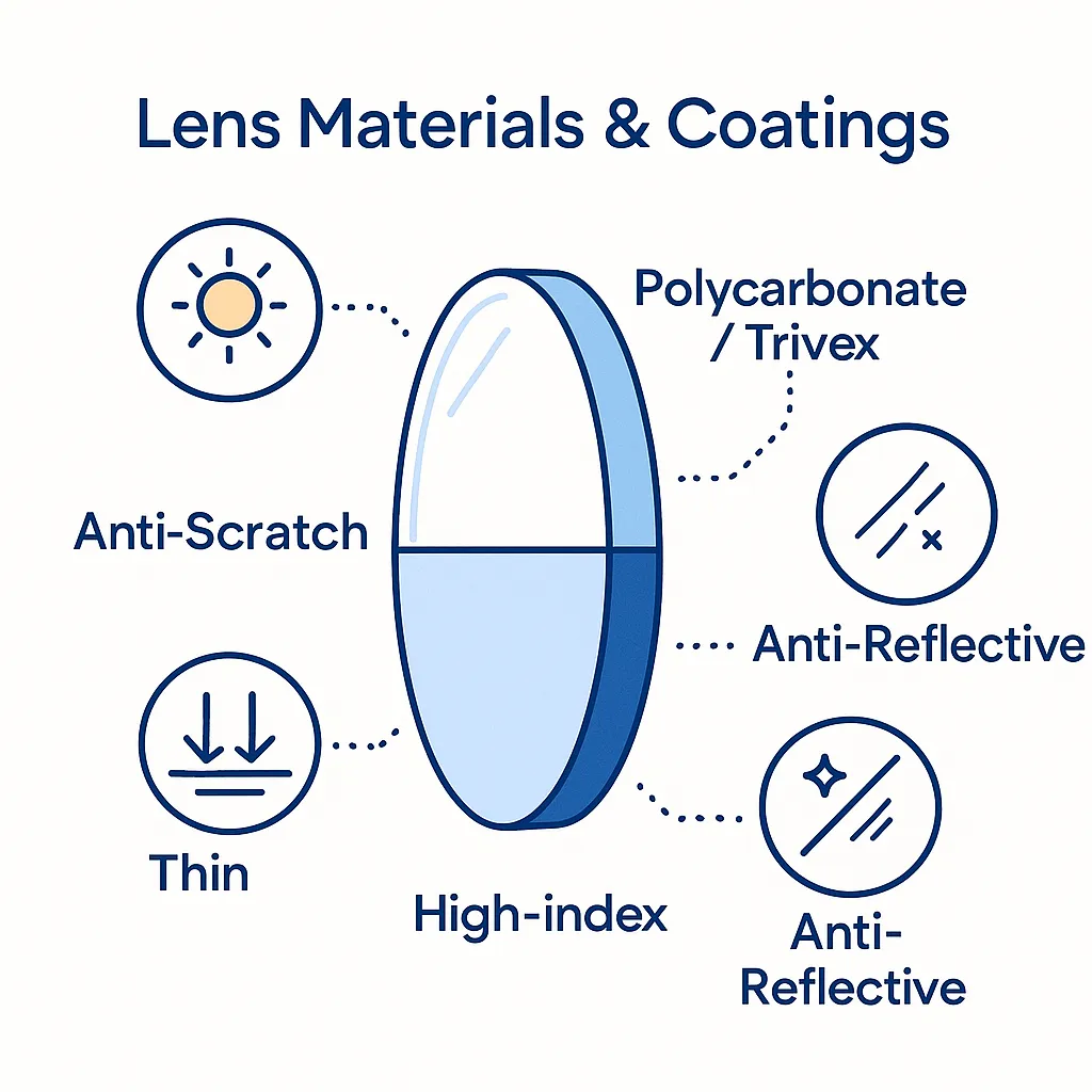 Cross section of lens materials showing polycarbonate, high index and coating icons for anti scratch and anti reflective.