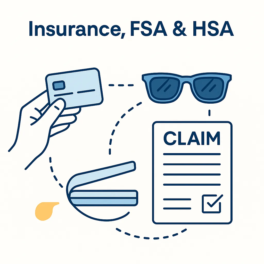 Illustration linking a credit card and claim form to prescription sunglasses representing FSA HSA reimbursement.