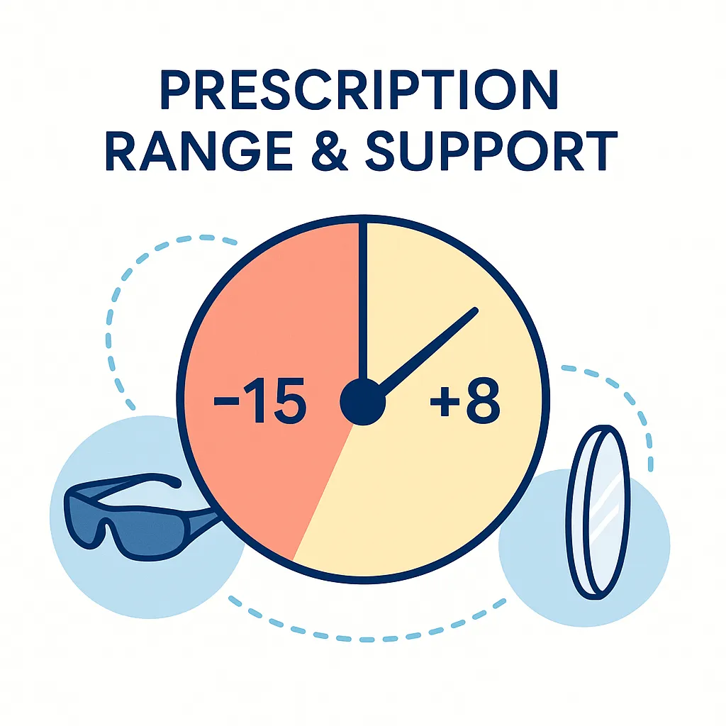 Smartphone illustration with face shape and frame size icons for selecting the right frame fit.